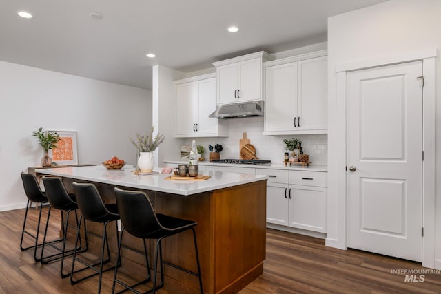 3769 N Costa Madera Way, Star, ID 83669 - kitchen featuring under cabinet range hood, a center island, a kitchen breakfast bar, backsplash, and white cabinetry
