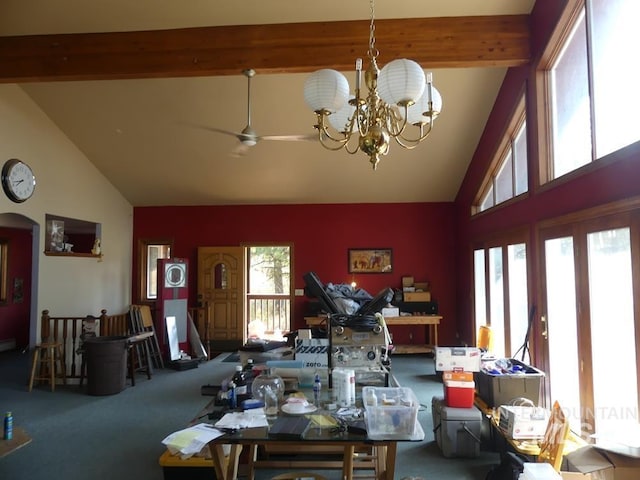 carpeted dining space featuring arched walkways, high vaulted ceiling, ceiling fan with notable chandelier, and beam ceiling