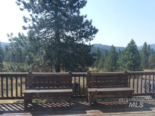 wooden terrace with a forest view