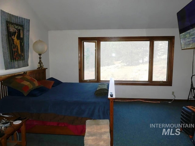 carpeted bedroom with vaulted ceiling