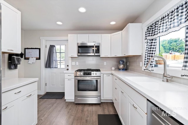 kitchen featuring light countertops, wood finished floors, tasteful backsplash, appliances with stainless steel finishes, and a sink