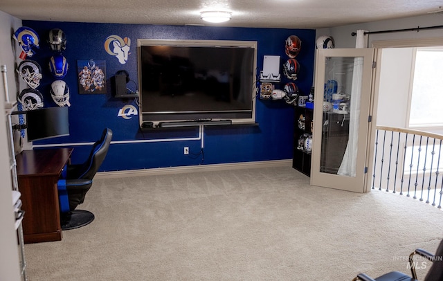 interior space featuring light colored carpet and a textured ceiling