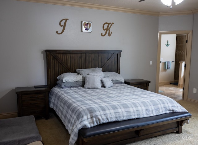 carpeted bedroom featuring ceiling fan and ornamental molding