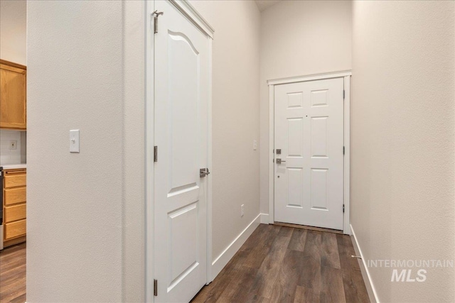 interior space featuring baseboards and dark wood-style flooring