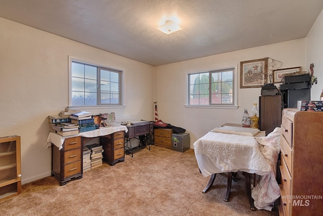 carpeted bedroom with a textured ceiling