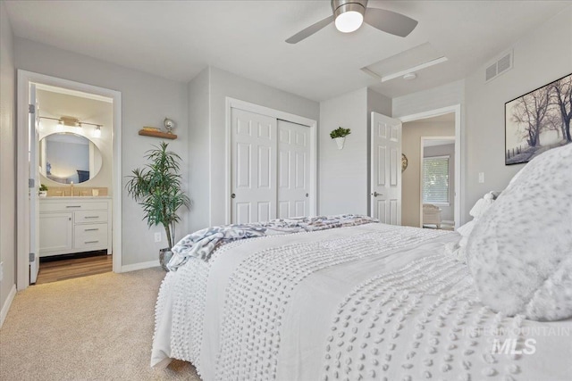 5915 N Lilybrook Pl, Boise, ID 83713 - bedroom with attic access, light carpet, baseboards, a closet, and ceiling fan
