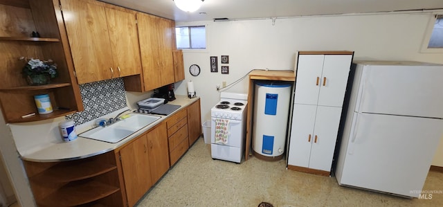 kitchen featuring white appliances, sink, and water heater