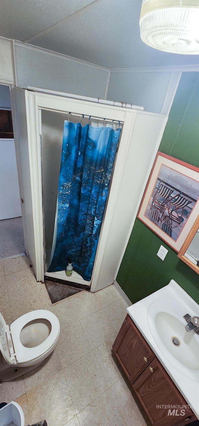 bathroom featuring a shower with curtain, vanity, toilet, and crown molding