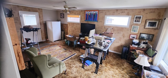 office area with carpet, ceiling fan, and ornamental molding