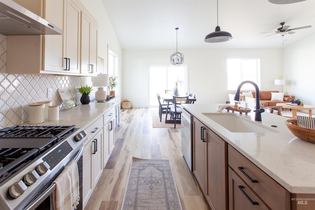 kitchen with light wood finished floors, a sink, dishwasher, under cabinet range hood, and stainless steel gas range oven