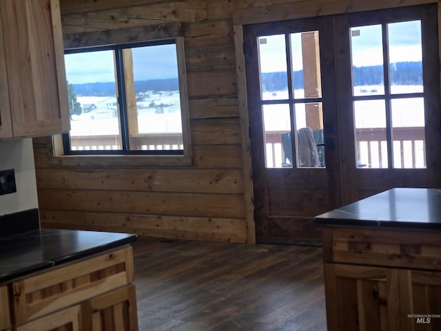 interior space featuring a water view, dark hardwood / wood-style flooring, a wealth of natural light, and wooden walls