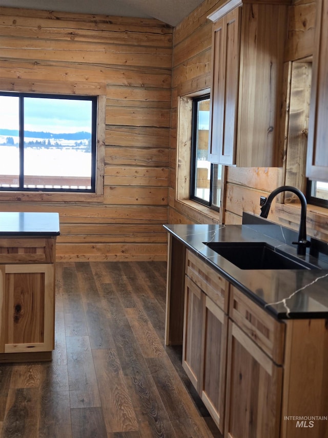 kitchen with sink, dark hardwood / wood-style flooring, and wooden walls