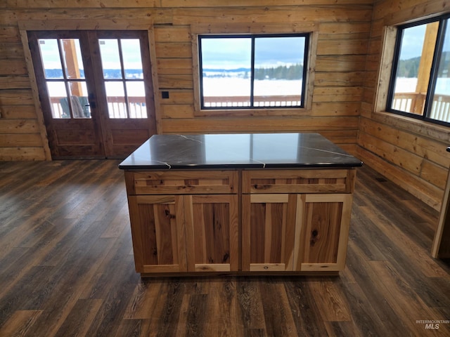 kitchen featuring dark wood-type flooring and wooden walls