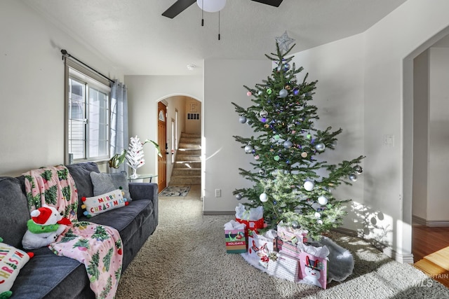 carpeted living room with ceiling fan