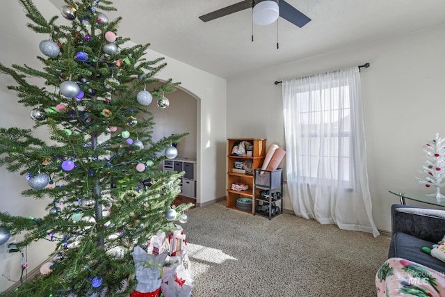 living room featuring ceiling fan and carpet floors