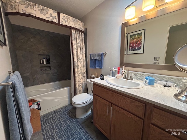 full bath featuring shower / tub combo, toilet, a textured ceiling, vanity, and tile patterned flooring