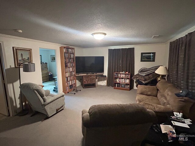 living room with a textured ceiling and carpet floors