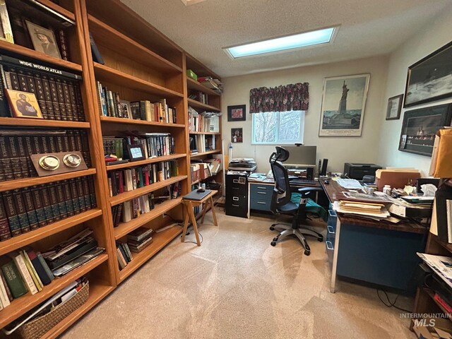 office featuring light colored carpet and a textured ceiling
