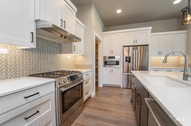 kitchen featuring under cabinet range hood, stainless steel appliances, light countertops, and a sink