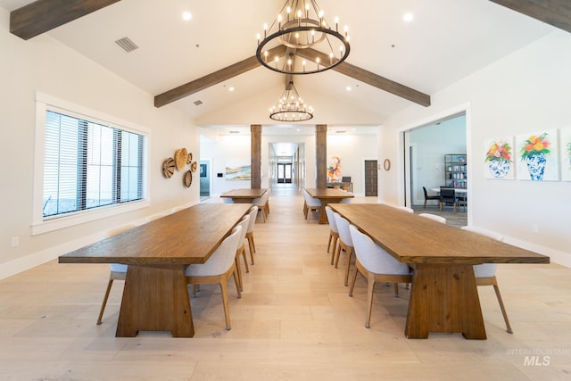 dining space with visible vents, vaulted ceiling with beams, baseboards, an inviting chandelier, and ornate columns