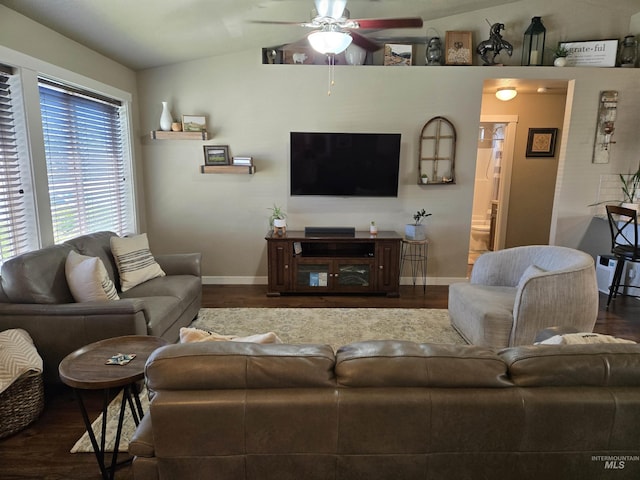 235 Meadow View Dr, Payette, ID 83661 - living room featuring lofted ceiling, a ceiling fan, wood finished floors, and healthy amount of natural light