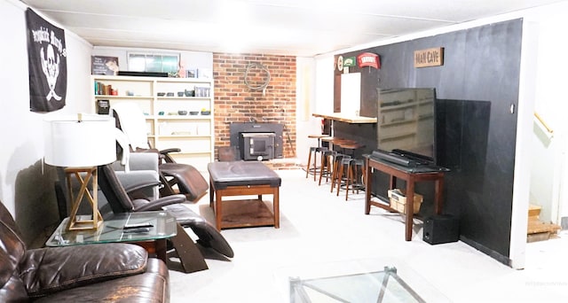 living room with a wood stove and carpet flooring