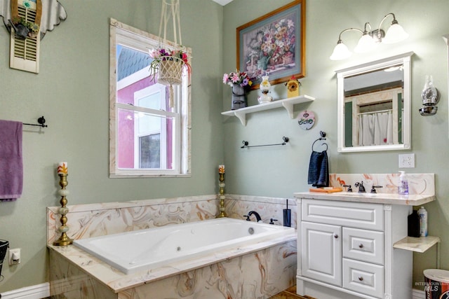 bathroom featuring a bath, a shower with shower curtain, and vanity