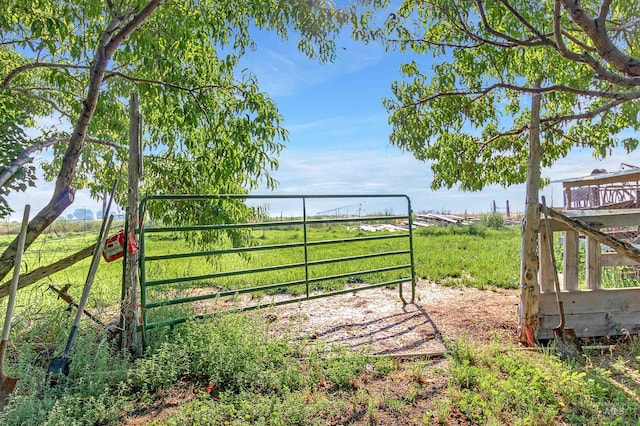 view of gate with a rural view and fence