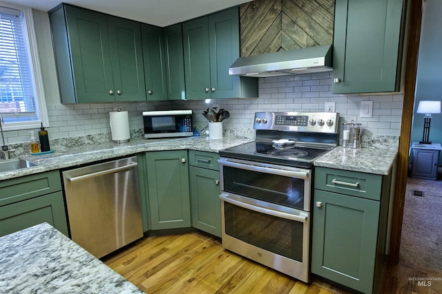 kitchen featuring under cabinet range hood, light wood-style flooring, stainless steel appliances, and green cabinetry