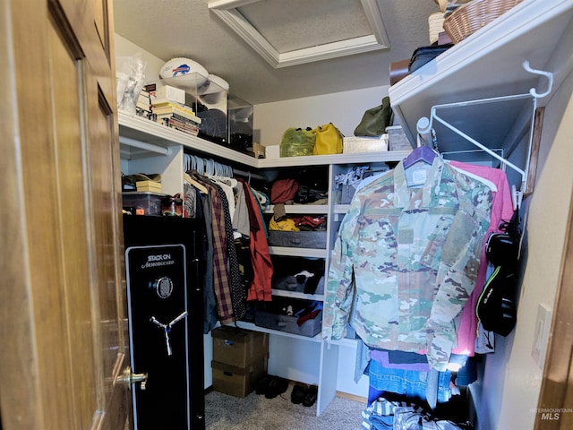 spacious closet with attic access and carpet