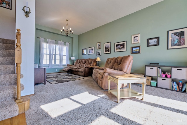 carpeted living room featuring stairs and an inviting chandelier