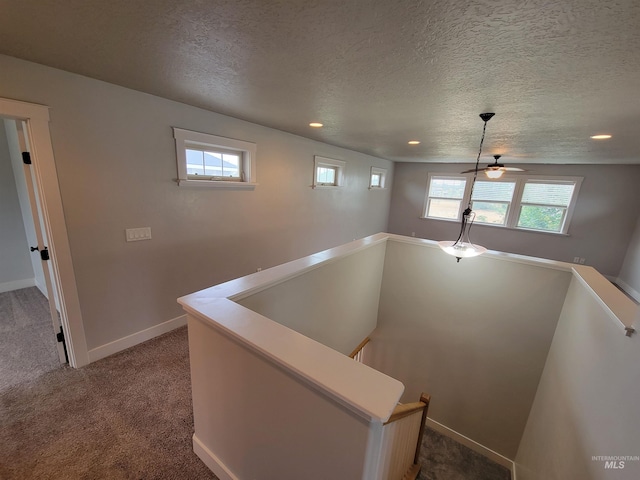 interior space with carpet flooring and a textured ceiling