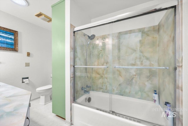 full bath featuring toilet, bath / shower combo with glass door, and visible vents