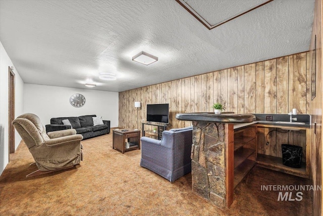 carpeted living area with a textured ceiling