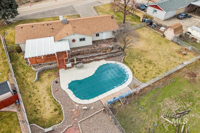 view of swimming pool featuring fence private yard, a fenced in pool, and a patio