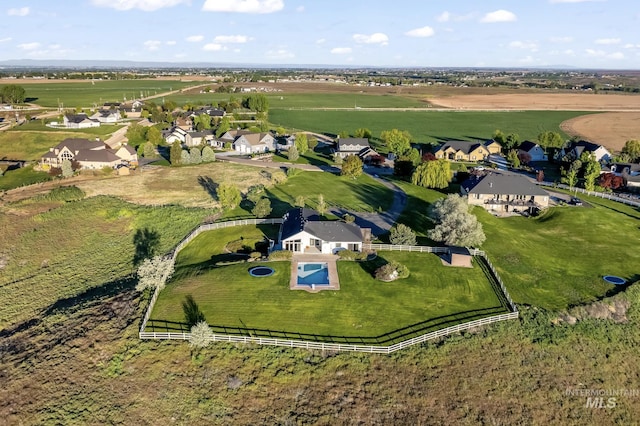 bird's eye view with a rural view and a residential view