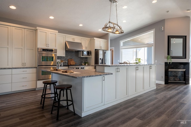 kitchen featuring backsplash, under cabinet range hood, an island with sink, and appliances with stainless steel finishes