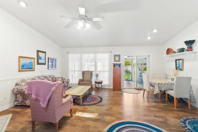 living area featuring ceiling fan, recessed lighting, wood finished floors, and lofted ceiling