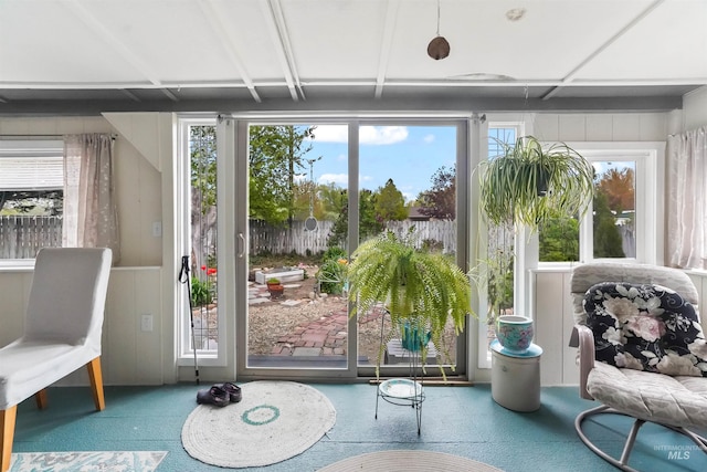 doorway to outside featuring carpet floors and plenty of natural light