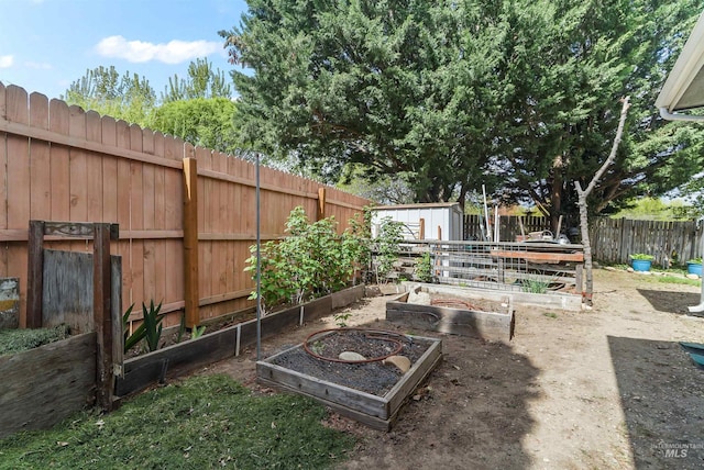 view of yard with a storage shed, an outbuilding, a fenced backyard, and a vegetable garden