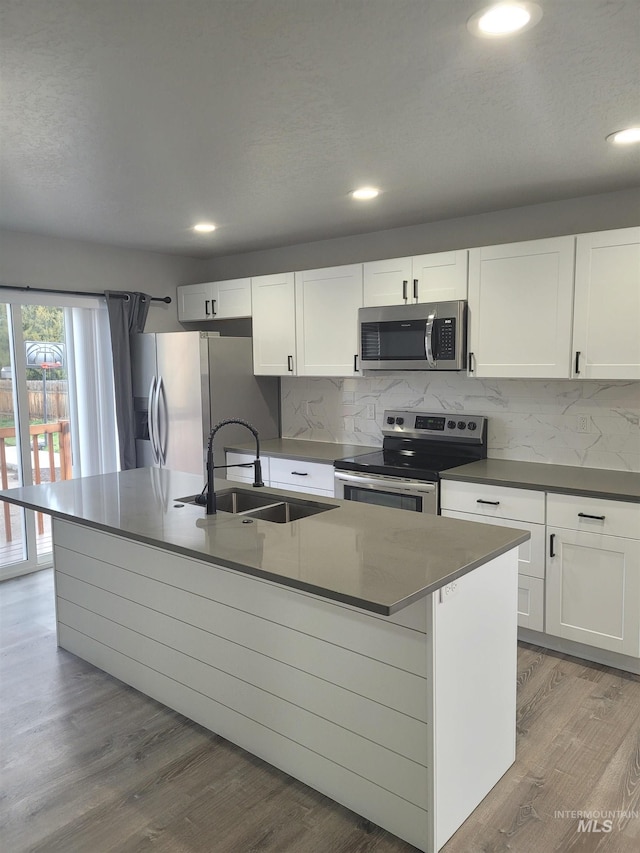 kitchen featuring sink, a kitchen island with sink, hardwood / wood-style floors, and stainless steel appliances