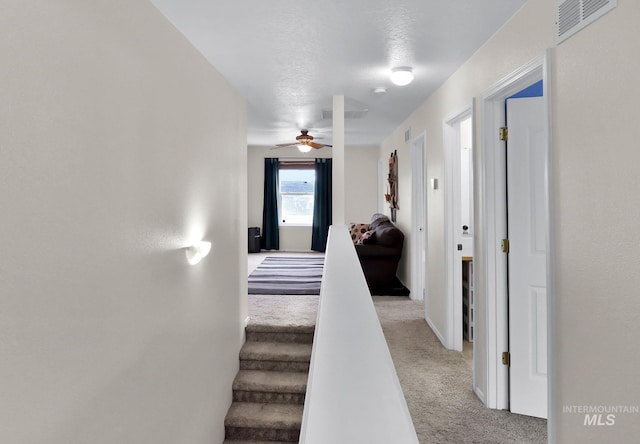 stairway with ceiling fan and carpet