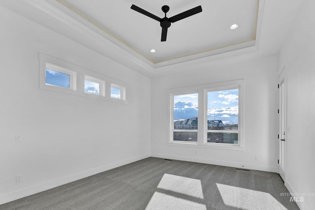 carpeted spare room with a raised ceiling, ceiling fan, and crown molding