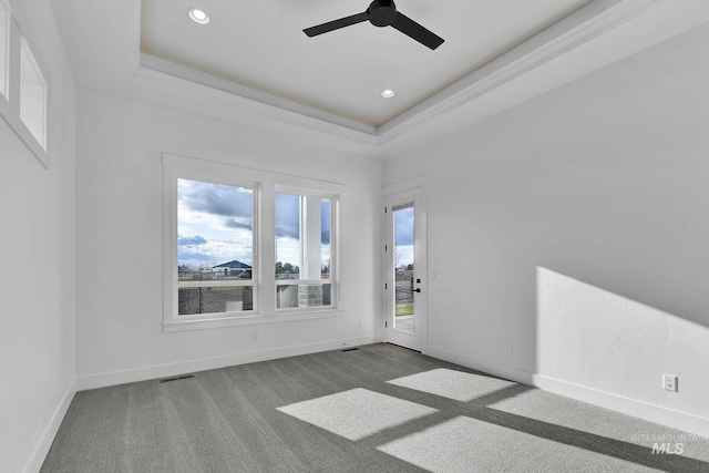 spare room with ceiling fan, a healthy amount of sunlight, carpet floors, and a tray ceiling