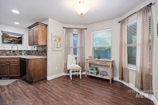 kitchen featuring a sink, backsplash, dark wood-type flooring, and dishwasher