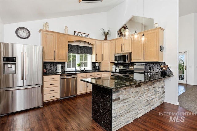 34 S 150 E, Burley, ID 83318 - kitchen with stainless steel appliances, light brown cabinetry, high vaulted ceiling, dark wood-type flooring, and decorative backsplash