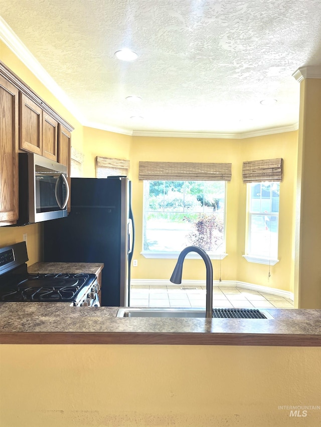 2910 W Hazel St, Boise, ID 83702 - kitchen with stainless steel appliances, a sink, healthy amount of natural light, crown molding, and a textured ceiling