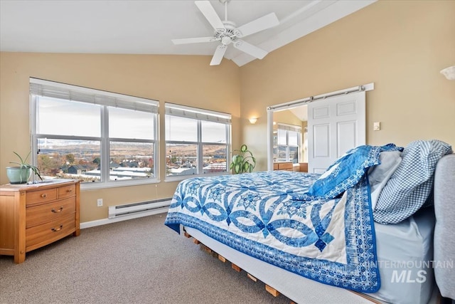 carpeted bedroom with baseboard heating, lofted ceiling, and ceiling fan