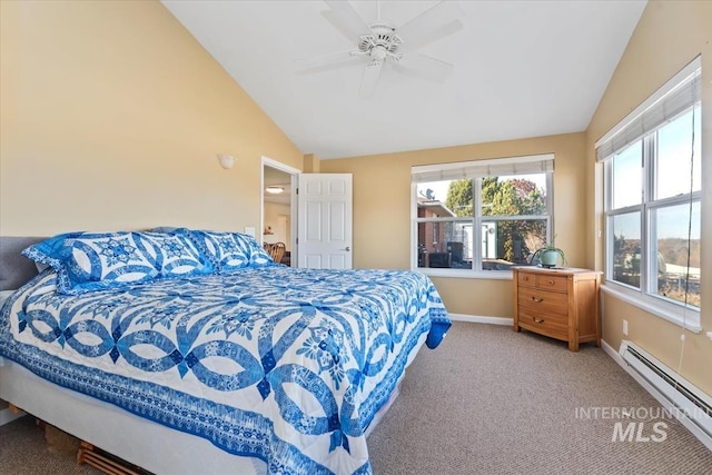 bedroom featuring carpet flooring, ceiling fan, baseboard heating, and vaulted ceiling