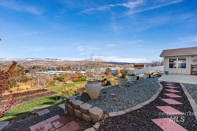 view of yard with a mountain view and a patio area